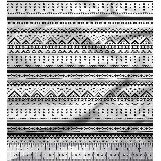 Soimoi Black polyester Crepe Fabric Aztec Geometric Print Fabric by the Yard 42 Inch Wide