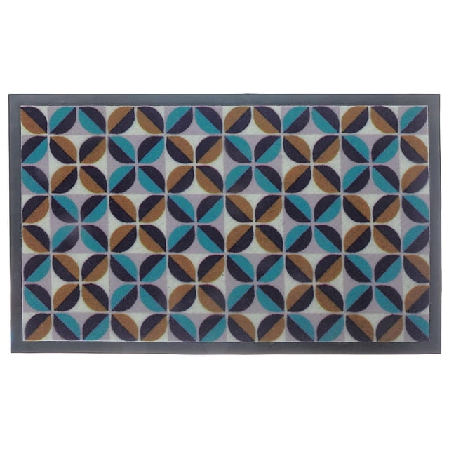 Printed PVC Mat Flower Burst 18"X30" displaying a geometric flower burst pattern in teal, brown, and black on a light background with a solid dark border. This waterproof, non-slip mat is ideal for kitchens, bathrooms, or entryways and easy to clean with a damp cloth.