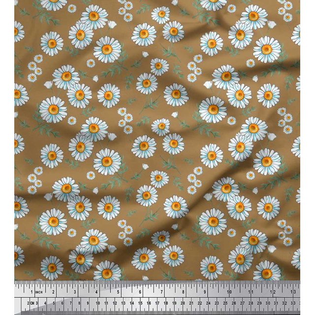 Soimoi Polyester Crepe Fabric Leaves & Aster Floral Printed Fabric 1 Yard 52 Inch Wide
