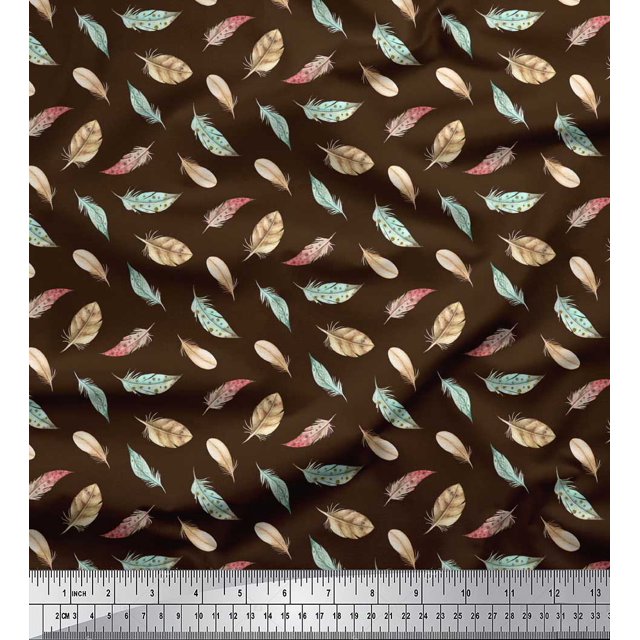 Soimoi Brown Rayon Fabric Artistic Feather Print Fabric by Yard 56 Inch Wide