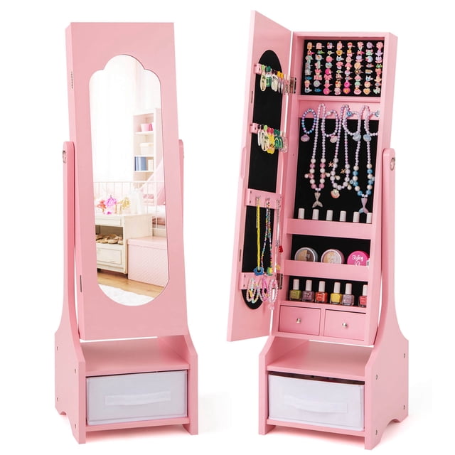 Costway Kids Jewelry Cabinet with Full-Length Mirror Drawer 2 Adjustable Tilt Angles Pink