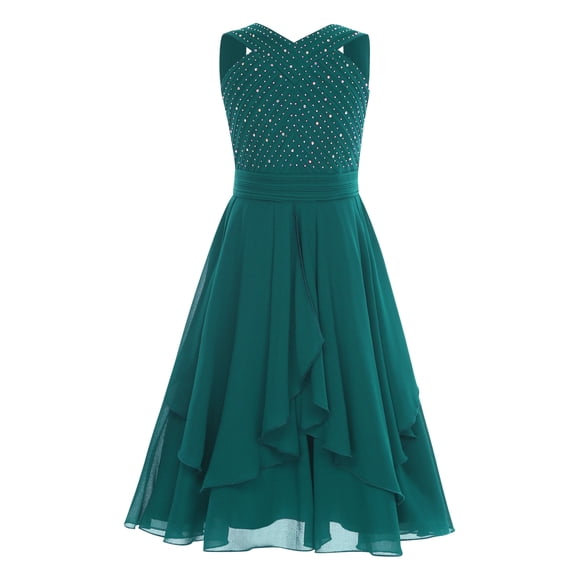 inlzdz Kids Girls Sparkly V Neck Pleated Junior Bridesmaid Dresses Sleeveless Wedding Party Dress Dark Green 10