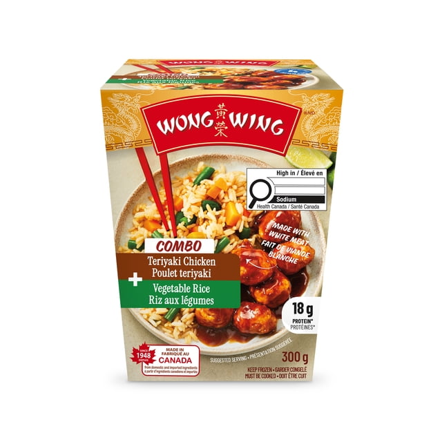 Combo Chicken teriyaki & Vegetable rice frozen meal by Wong Wing featuring a front-facing box with an image of glazed teriyaki chicken breast bites and cooked vegetable rice with carrots and green beans, labeled with sodium content, protein amount, and Canadian origin, 300 g serving size, ideal for quick heat and serve meals.