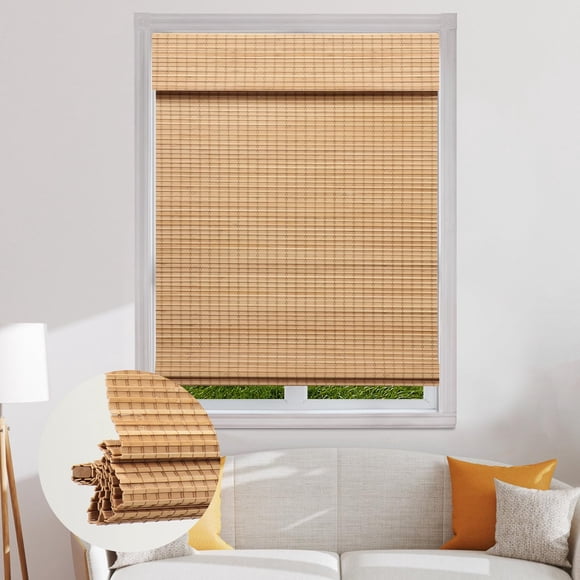 SEEYE Cordless Bamboo Roman Shades, Blackout Natural Bamboo Blinds for Indoor Windows, Roll Up Blind Privacy Shade for Home, Offi