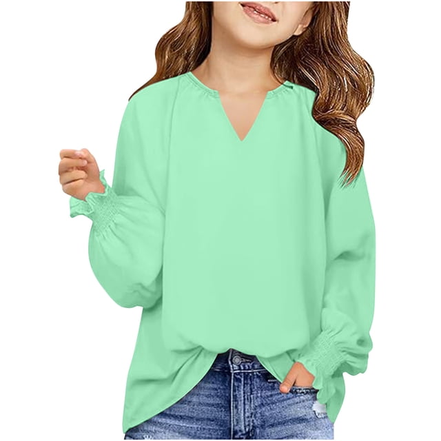MeetoTime Girls Solid Color Loose Puff Sleeve Long Sleeve V-neck Top Spring Fall Kids Shirt 6-16 Years