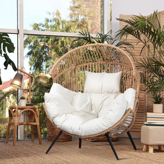 Walsunny Egg Chairs Outdoor Patio Wicker Oversized Egg Shell Lounger Lawn Chair with Cushion for Indoor Outside Porch Balcony Backyard, Original Wood Colour Rattan Beige Cushion