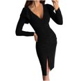 thumbnail image 2 of FcBaudy Robe à Manches Longues à Col en V, Robes d'Été pour Femmes, Robes pour Femmes Mode Féminine Col en V Couleur Unie Robe Longue à Manches Longues Robe de Soirée Ajustée Robe Femme, 2 of 9