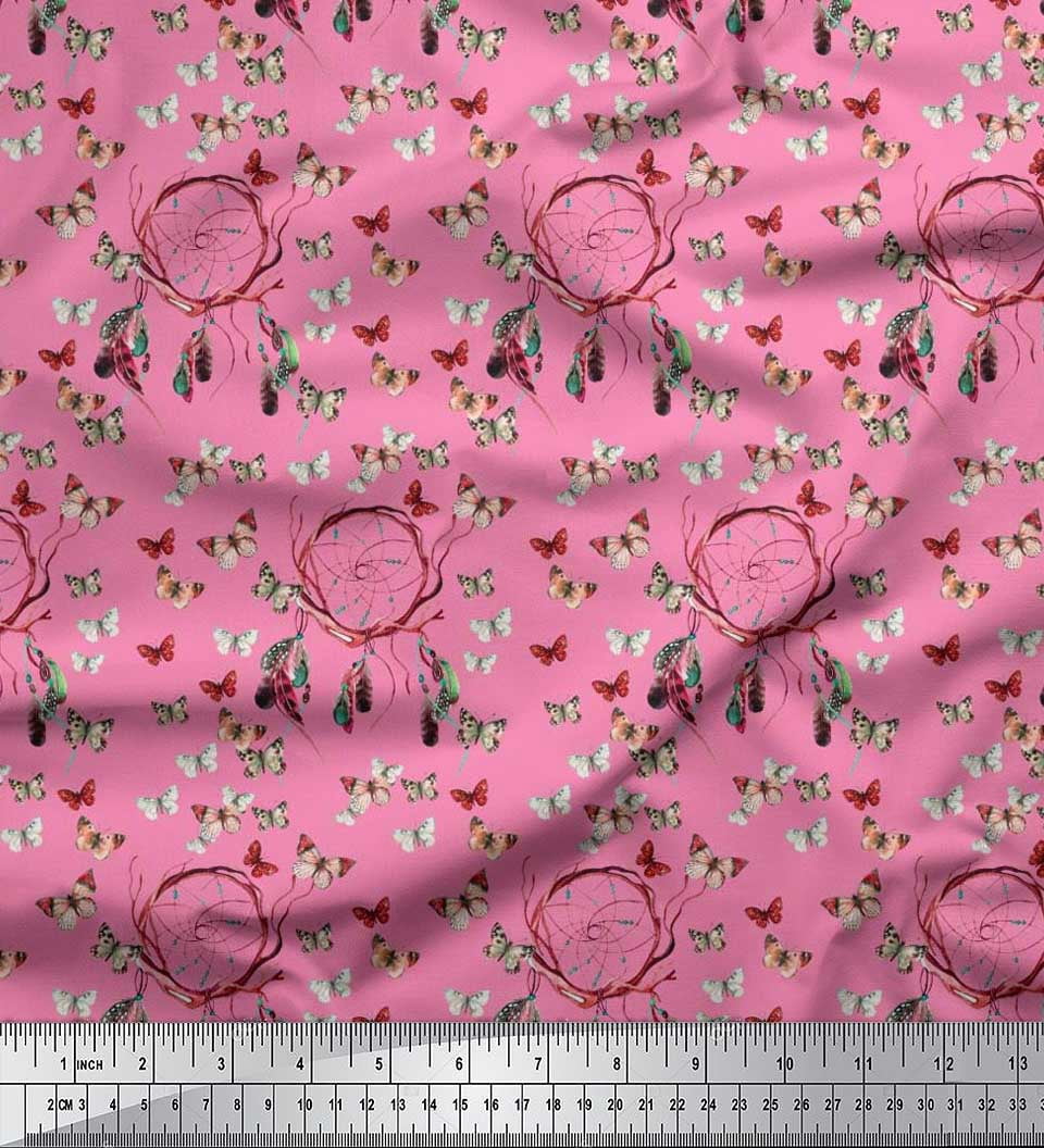 Soimoi Rayon Crepe Fabric Dream Catcher & Butterfly Printed Fabric 1 Yard 46 Inch Wide