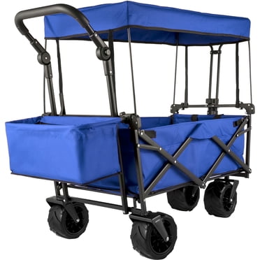 KFFKFF Chariot de Jardin Spacieux Pliable avec Pare-Soleil Amovible, Chariot Utilitaire Polyvalent avec Roues et Rangement Arrière, Idéal pour les Activités de Plein Air, l'Épicerie, Bleu
