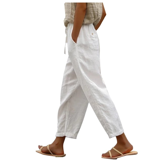 Diufon Cotton Linen Womens Pants Solid Color Lounge Pants High Waist Drawstring Pants with Pockets