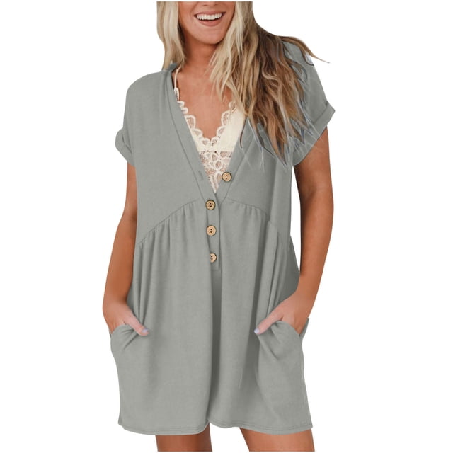 AherBiu Wide Leg Jumpsuits for Women Short Sleeve Half Button V Neck Short Rompers 1 Piece Summer Outfits