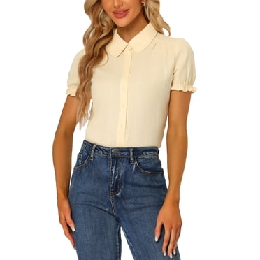 INSPIRE CHIC Chemise à Col Peter Pan pour Femme Blouse Boutonnée en Coton Vintage des Années 1950 L Beige