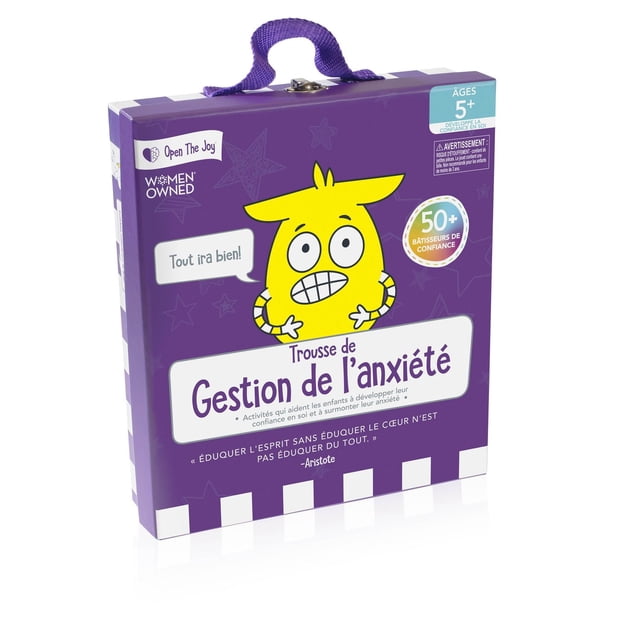 Gestion de l'Anxiété en Boîte - version Française Est une Trousse d'Artisanat Violette pour Enfants avec Poignée en Tissu et Fermoir en Métal, Présentant un Personnage de Dessin Animé Jaune Anxieux. Elle Comprend des Activités Ludiques et des Ressources pour les Enfants de 5 Ans et Plus afin de Développer l'Intelligence Émotionnelle, la Confiance et la Pensée positive Grâce à des Bricolages, à la Réflexion et à des Cartes d'Affirmations, Idéale pour la Maison Ou les Voyages.