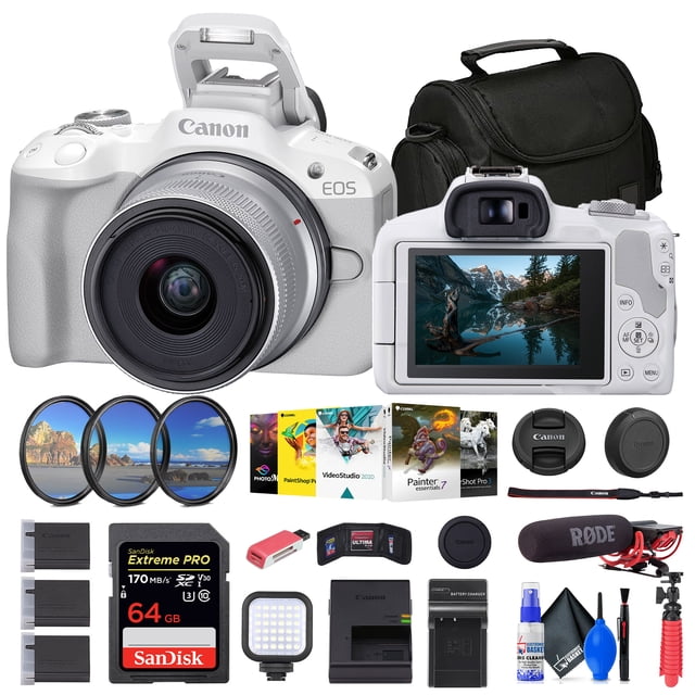 Canon EOS R50 Appareil photo Sans Miroir avec Objectif 18-45mm en Blanc, Illustré avec des Accessoires Inclus Tels Qu'un Rode VideoMic, Carte Mémoire SanDisk Extreme PRO 64 Go, Trousse de Filtres 3 Pcs, Logiciel photo Corel, Sac de Transport Souple, Chargeur de Batterie Externe, Deux batteries LPE17, Lecteur de Carte Mémoire, Lumière LED, Trépied flexible 12 Pouces, Portefeuille pour Carte Mémoire et Trousse de Nettoyage. l'Appareil photo Comprend un Capteur CMOS APS-C 24.2MP, Processeur d'Image DIGIC X