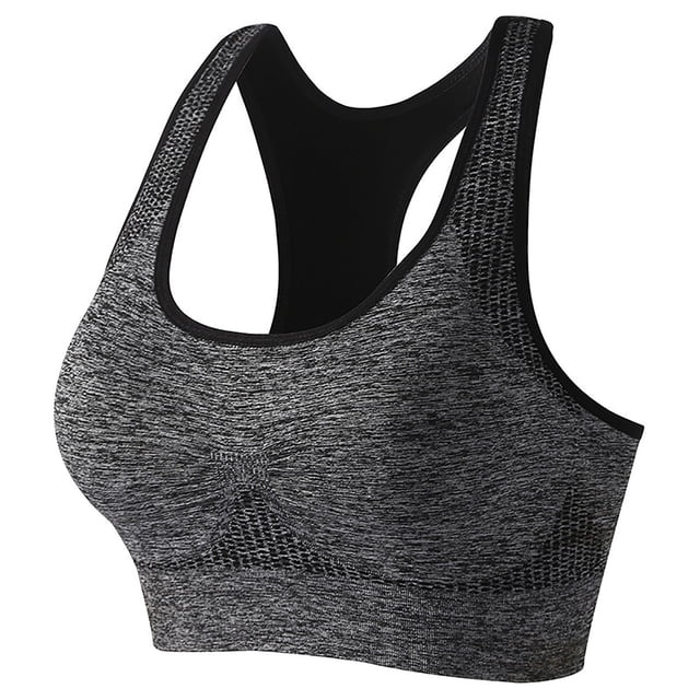 AherBiu Sports Bras for Women Wireless Racerback High Impact Support Workout Tops Yoga Bralette in grey. This high-support sports bra features a racerback design with crisscross back straps for added support and flexibility. Made from smooth, sweat-wicking fabric with added lycra for stretch and shape retention, it includes a lined shelf bra and optional removable cups for customizable coverage. Ideal for yoga, running, and gym workouts.