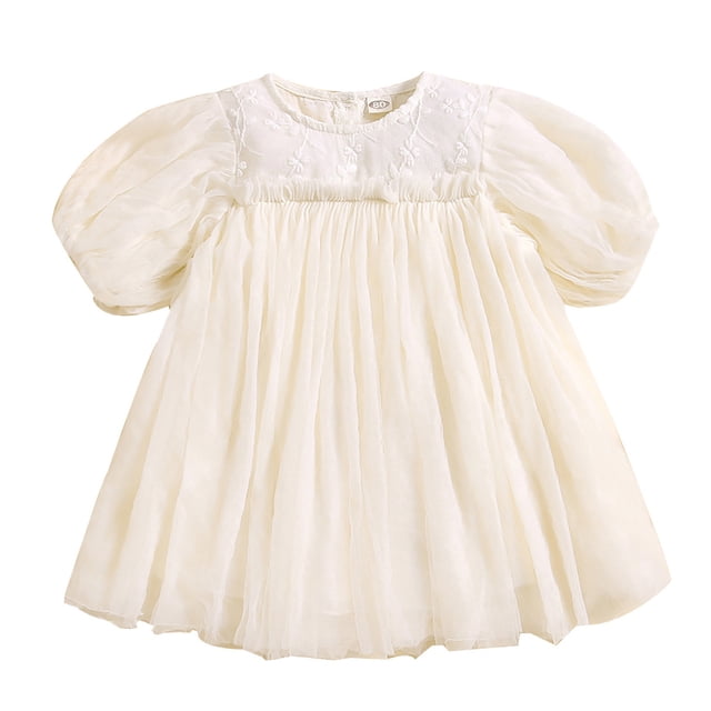 MEZZALL Robe en Dentelle Tulle à Manches Courtes pour Bébés Filles, Robe de Danse Fête, Robe d'Été Adorable, Blanc, 12-18 Mois