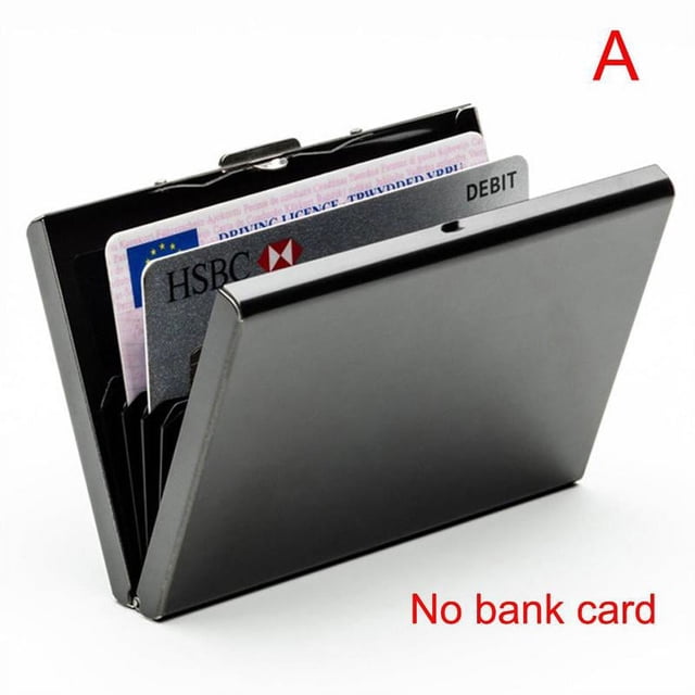 Aluminum Metal Slim Anti-Scan Credit Card Holder RFID Blocking Wallet Case LN G4G7. A compact, black alloy wallet case with a slim design, featuring RFID blocking technology to protect against unauthorized scanning. The case is shown open, holding multiple cards, and measures approximately 95mm x 65mm x 12mm. Ideal for front pocket use.