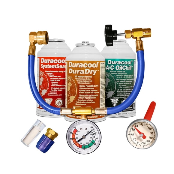 Kit de mise au point et d'étanchéité professionnel Duracool® 12a/134a pour systèmes de climatisation mobiles. Contient 1 canette SystemSeal, 1 canette DuraDry, 1 canette OilChill, tuyau de charge avec