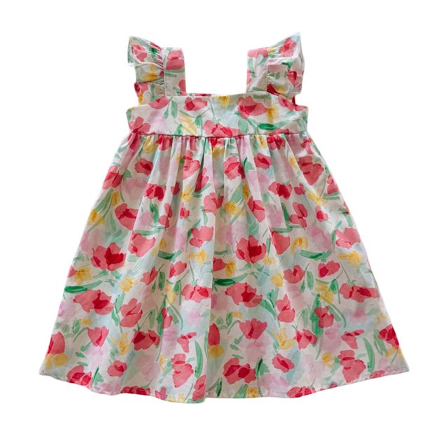 MEZZALL Robe à Manches Volantées pour Tout-Petites Filles, Imprimés de Fleurs Colorées, Robe de Danse et de Fête, 6-7 Ans, Robe d'Été Élégante pour Bébé