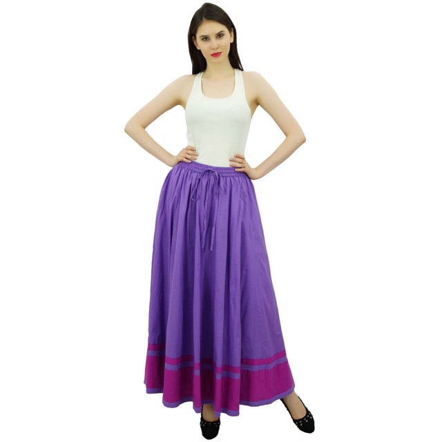 Bimba Women's Long Maxi Skirt With Contrast Border Boho Skirt With Elastic Waist
