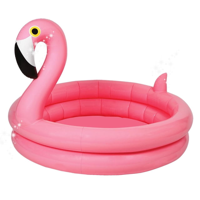 Splash Buddies Piscine Gonflable pour Enfants en Flamant Rose Vif avec une Grande Tête de Flamant Rose Présentant des Yeux Jaunes et Noirs et un Bec Noir et Blanc, Fabriquée en PVC Ultra Durable et Doux pour la Peau avec valves Étanches, Forme Circulaire avec Deux Anneaux Gonflables et une Petite Aileron Arrière, Facile à Assembler et à Dégonfler pour le Rangement, Idéale pour le Plaisir en Piscine Extérieure pour Tout-Petits.