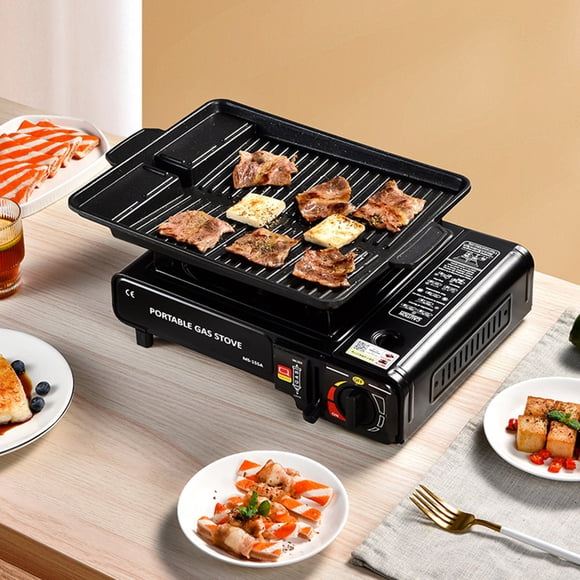 YoGold Gas Grill Portable Butane Stove, tabletop BBQ Grill, Korean bbq Grill for Outdoor Cooking Camping or Tailgating | Fried Roasted Cooking With Carry Case|Stainless Steel Griddle Black