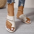 thumbnail image 4 of Slide Sandals for Women Flat Toe Ring Buckle Decor Leather Non Slip Beach Summer Sandals Beige, 4 of 9