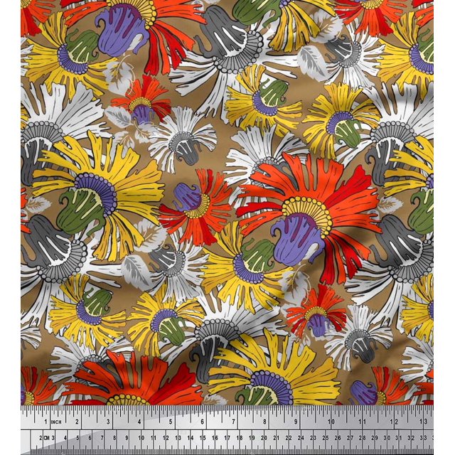 Soimoi Polyester Crepe Fabric Flower Artistic Print Fabric by Yard 52 Inch Wide