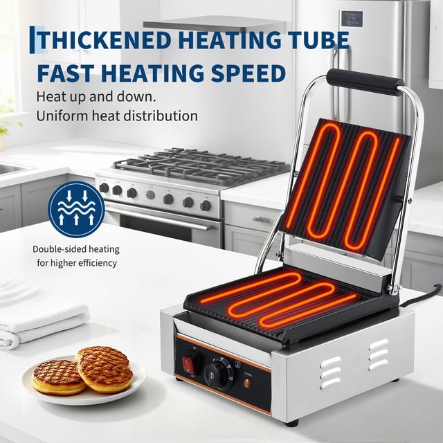AKDSteel Commercial Panini Grill, 1800w Electric Sandwich Maker With 9"x9" Full Grooved Enamel Plate And Temp Control