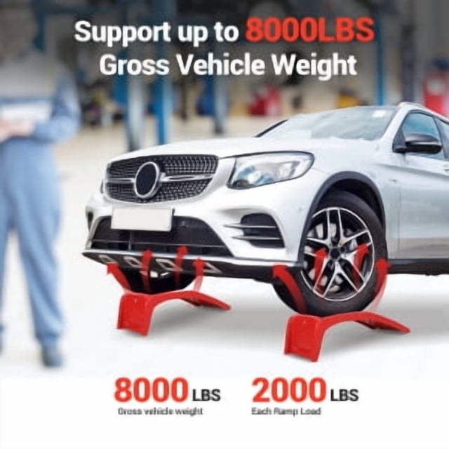 OUYAWEI 2PC 8 inches Car Ramps Set,Heavy Duty 8000lbs Auto Ramp Solid Steel Ramps,Max Lift Height,Red