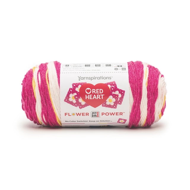 Red Heart® All In One Flower Power™ #4 Worsted (Medium) Acrylic Yarn skein featuring pink, white, and yellow engineered stripes with a white label displaying the Red Heart logo and Flower Power branding, suitable for crocheting continuous floral motifs with fewer ends to weave in.