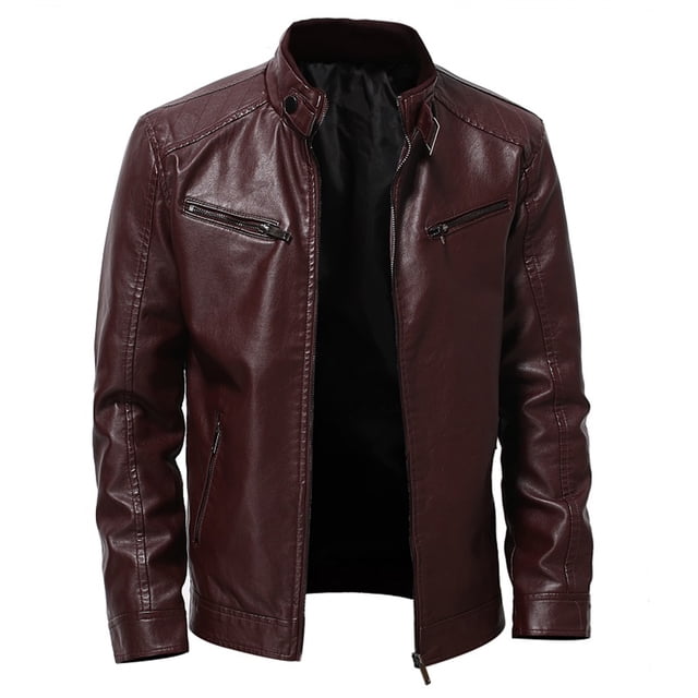 EGNMCR Jackets for Men Men's Leather Plus Fleece Jacket, Motorcycle Jacket, Warm Leather Jacket in a rich burgundy color. The jacket features a standing collar with a snap button closure, smooth zipper front, and multiple zippered pockets for secure storage. Designed with windproof cuffs and a fleece lining for warmth, it is suitable for autumn and winter wear. Ideal for daily use, biking, and outdoor activities.
