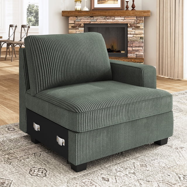 HONBAY Accoudoir Droit de Canapés Sectionnels Modulaires en Velours Côtelé Vert, Doté d'Un Tissu Côtelé en Velours Côtelé et d'Un Cadre en Bois Robuste avec des Pattes en Bois Massif. Ce module d'Accoudoir Droit Est Conçu pour Se Connecter à d'Autres Pièces Modulaires, Tel Que le module Central, pour Créer un Causeuse Ou un sofa Sectionnel Personnalisable. la Housse Amovible Est Lavable à la machine pour un Entretien Facile. Présenté dans un Décor de Salon Chaleureux avec un Foyer et une Déco Neutre.