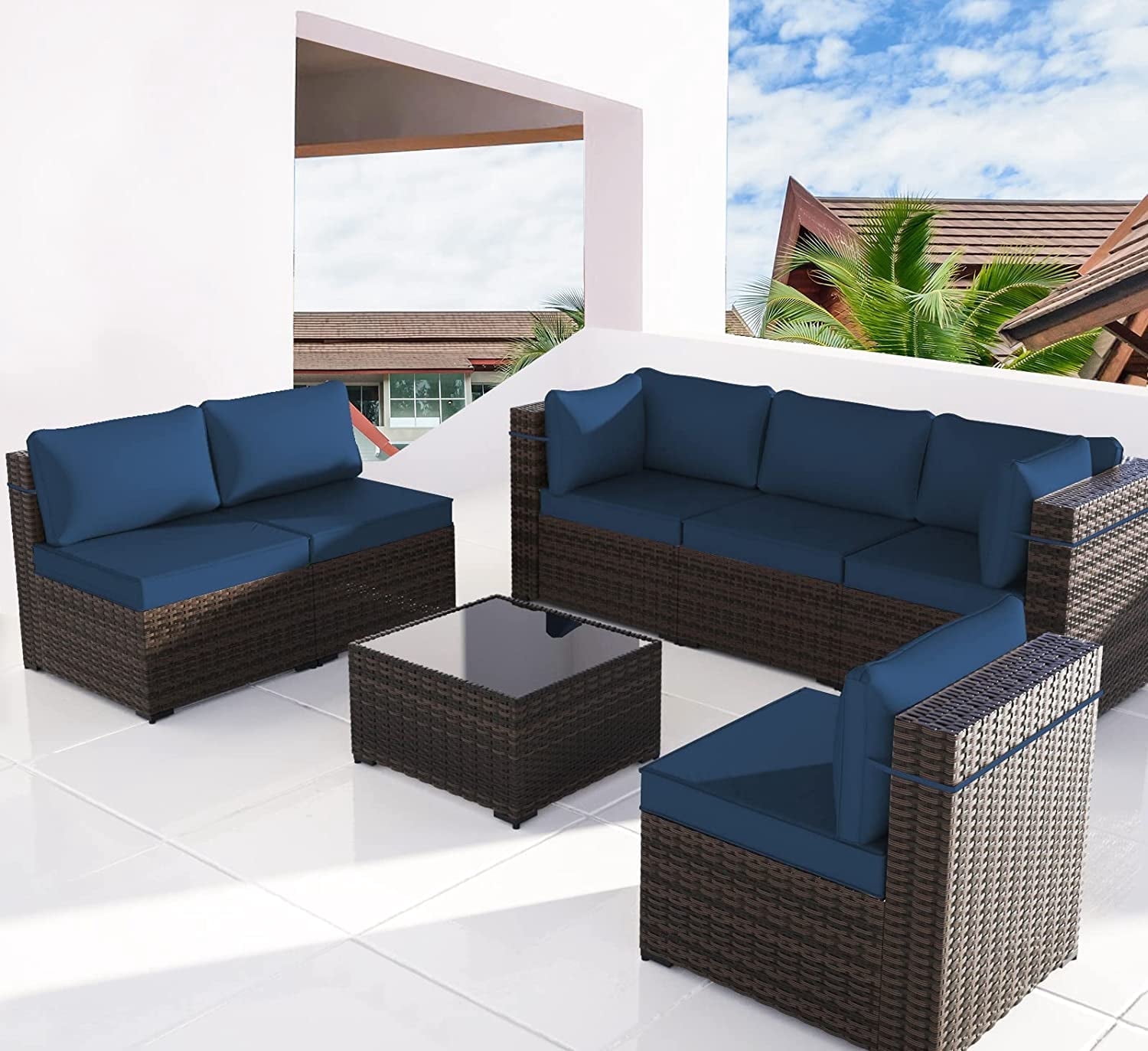 Kullavik 7 Pieces Patio Furniture Set PE Rattan Wicker Outdoor Furniture Sectional Sofa Patio Conversation Set with Coffee Table and Seat Cushion,Navy Blue