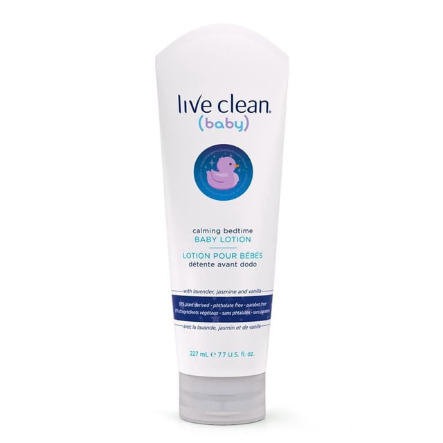Live Clean Lotion Apaisante pour Bébé au Coucher en Blanc 227 ml (7.7 U.S. fl. oz.) tube à Presser avec un logo de Canard Violet, Contenant des Huiles Hydratantes de Noix de Coco et de Carthame et un Mélange Apaisant d'Extraits de Lavande, Camomille, Jasmin et Vanille pour Apaiser et Hydrater la Peau Délicate du Bébé dans le Cadre d'Une routine du Coucher.
