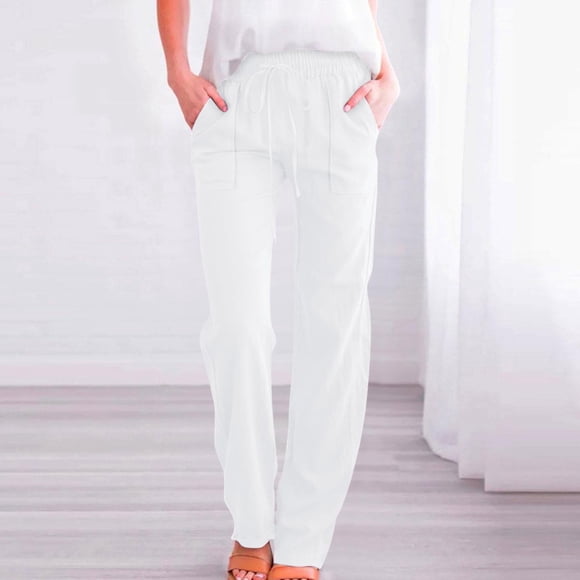 Nfurl Women's Cotton Linen Pants with Pockets Fitted Drawstring Elastic Waist Cotton Linen Trouser Pant Casual Summer Pants White S