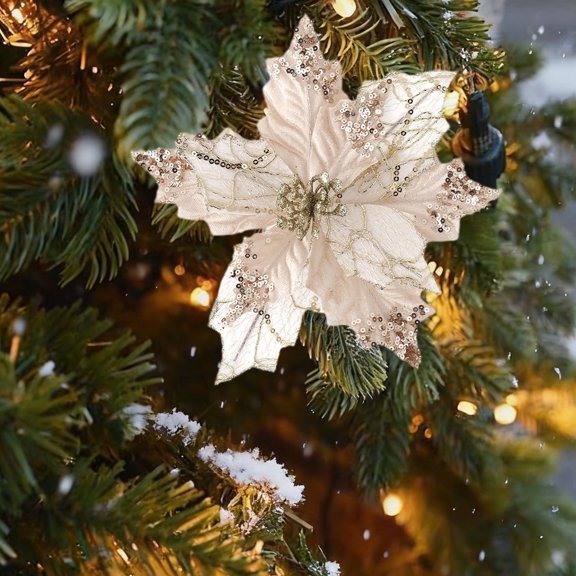 ABPWLY Artificial Sequin Christmas Flower Fabric Decorative Accessory Holiday Tree Ornaments Powdered Festive Table Accent DIY Craft 1Pc 7.8in