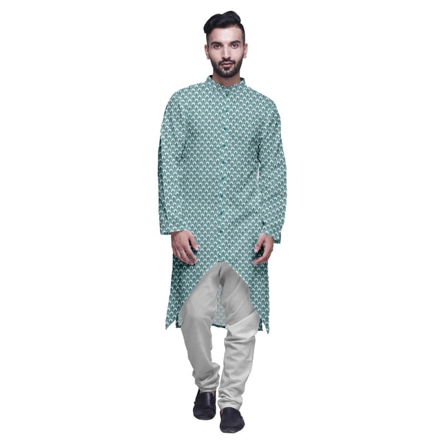 Atasi Button Down Asymmetrical Kurta For Men Printed Mandarin Long Sleeve Shirt