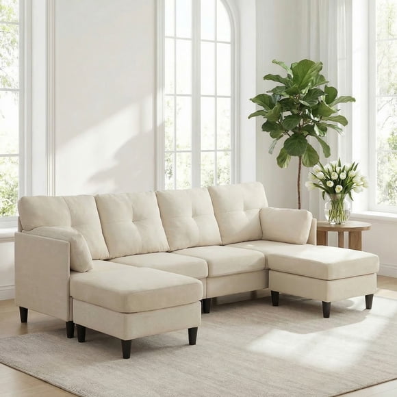 Mjkone U-Shaped Sectional Sofa,Ice Velvet Couch with Double Ottomans,4 Seat Sectional Sofa for Living Room,Beige