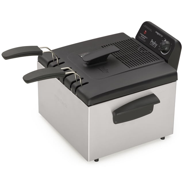 Presto ProFry Dual Basket Deep Fryer with 1800W immersion element and stainless steel housing. Features two black cool-touch handles, adjustable thermostat, and spatter-shield cover for safe frying. Designed for restaurant-quality frying with a 12-cup capacity, ideal for family-sized batches of food. Includes removable heating element and enameled pot for easy cleaning, making it suitable for commercial and home use.