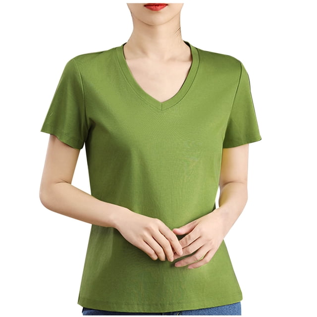 Timegard Womens Tops V Neck Short Sleeve Comfy Solid Color Basic Tee Casual Loose Workout Top Summer