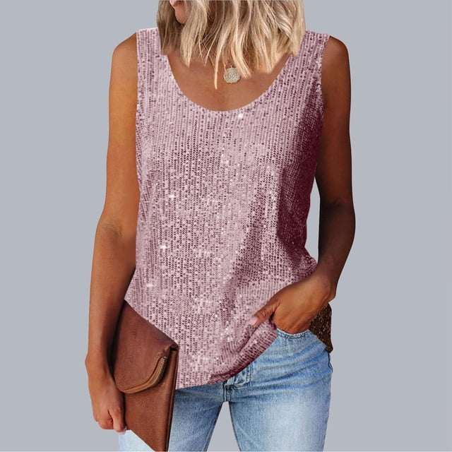 UPPADA Camisoles à Paillettes pour Femmes Scintillantes Sans Manches Hauts de Fête Col Ras du Cou Chemises Décontractées Chics Tenue de Boîte de Nuit à Paillettes Hauts de Sortie Liquidation