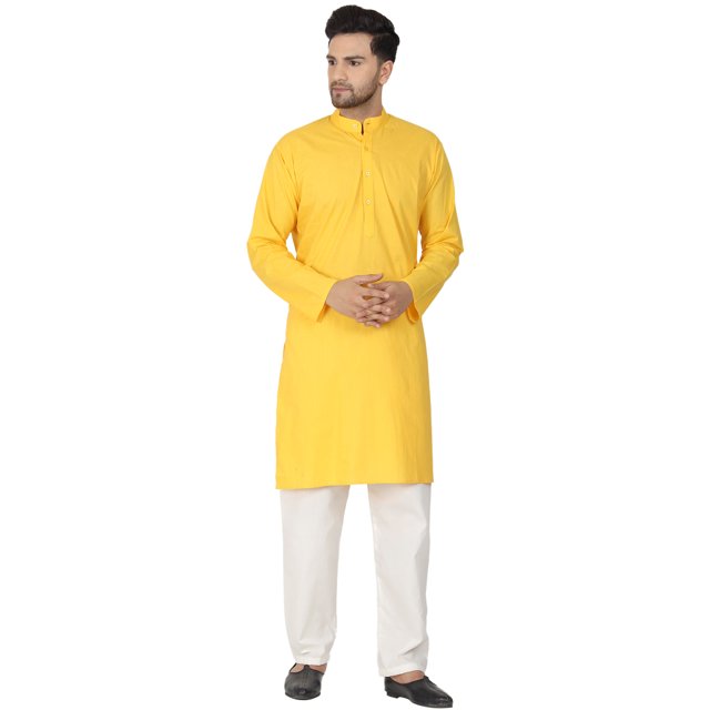 SKAVIJ Pyjama Kurta pour Hommes Ensemble Robe de Yoga en Coton à Manches Longues Gold XXL