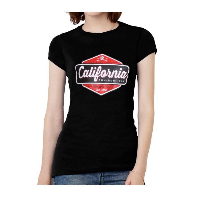 T-Shirt à Manches Courtes pour Femmes California Sun Surf Fun - Noir - Petit