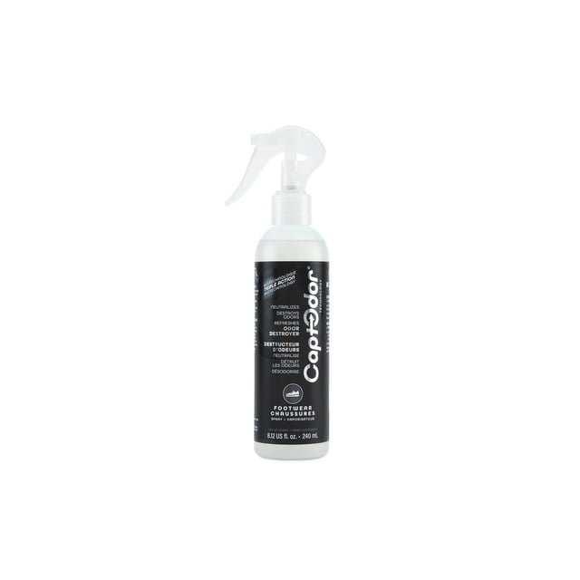 Captodor Footwear odor destroyer Bouteille Vaporisateur 240 ml avec Étiquette Noire et Texte Blanc, Formulée pour Neutraliser, Détruire et Désodoriser odors dans les Chaussures et les Tissus, Idéale pour le Soin des Pieds et la Fraîcheur des Tissus, avec une Tige Vaporisateur à Gâchette en Plastique Transparent.