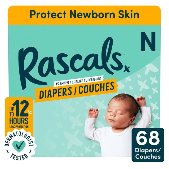 Rascals Premium Absorbent Newborn Diapers, Size N, Carton, 68 Count