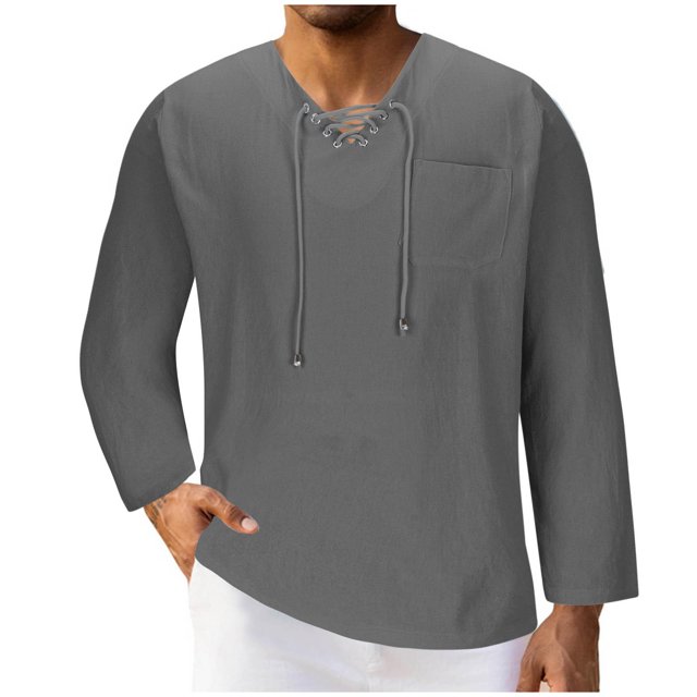 RXIRUCGD Men's Fashion Fallow Drawstring Solid Color Pockets Long Sleeve V-Neck Tops, Dark Gray, Size: S