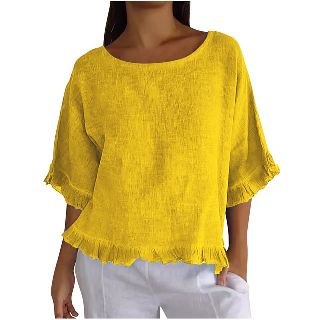 Plebaso Women's Cotton Linen T-Shirts Ruffle Sleeve Crew Neck Tee Shirts Solid Color Lightweight Tees Tops