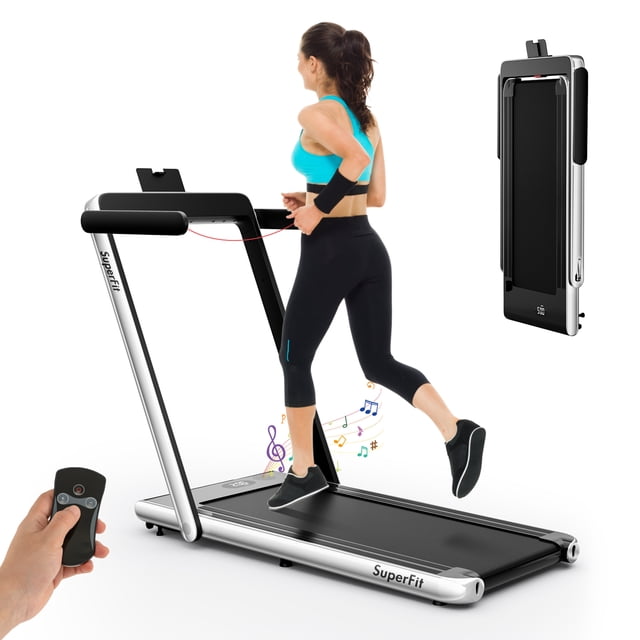 Gymax Motorized Treadmill Folding Under Desk Electric Treadmill w/ APP in silver, designed for running and walking with a 2.25HP motor, 5-layer shock-absorbing running belt, and adjustable speed range of 0.6-7.5 mph. Features include LED display, Bluetooth speaker, phone holder, remote control, and compact folding design for storage under furniture. Ideal for home fitness and exercise routines.