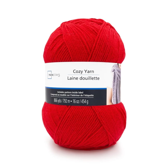 Mainstays Cozy Fil Acrylique Moyen 1 Pelote en Rouge, Fil Acrylique de Poids Moyen 4 Brins Pesant 454 g (16 oz) et 792 m (866 yds) de long, avec une Étiquette Blanche et Marine Présentant des Informations sur le Produit et une image d'Foulard Tricotée, Convient à l'Artisanat Afghan et aux Vêtements.